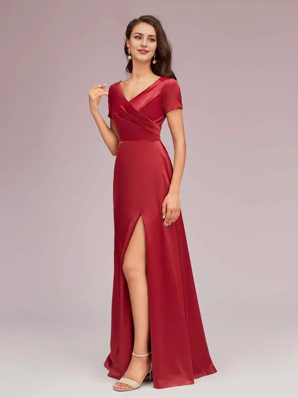 Robe Weitese élégante à col en V et manches courtes, robe longue en satin doux, robe de bal plissée avec fente